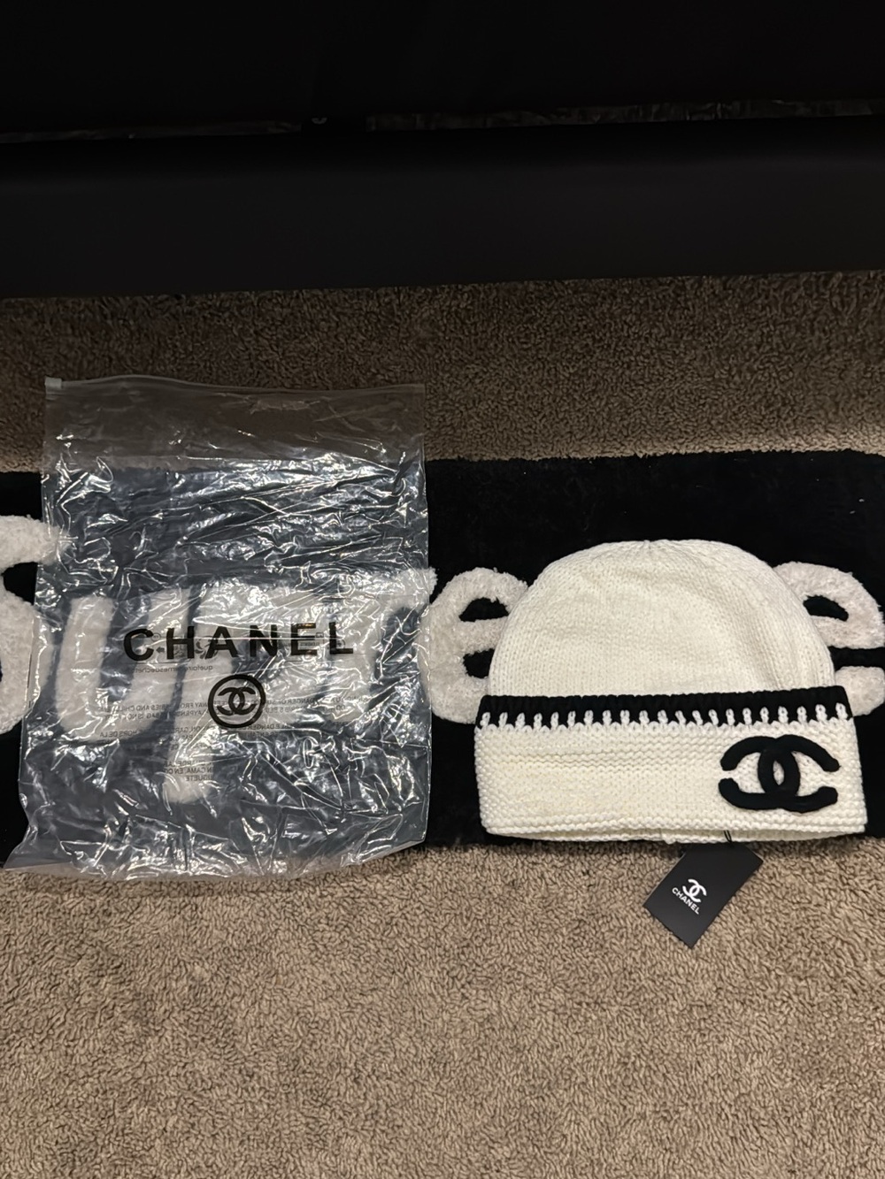 CHANEL White & Black Knit Kids Bear-Ear Hat with CC Logo